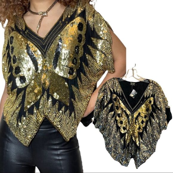 Vintage Tops - ORIGINAL VINTAGE LATE 1970S GOLD & BLACK SILK SEQUIN TOP ❤️MOVING SALE🔥❤️